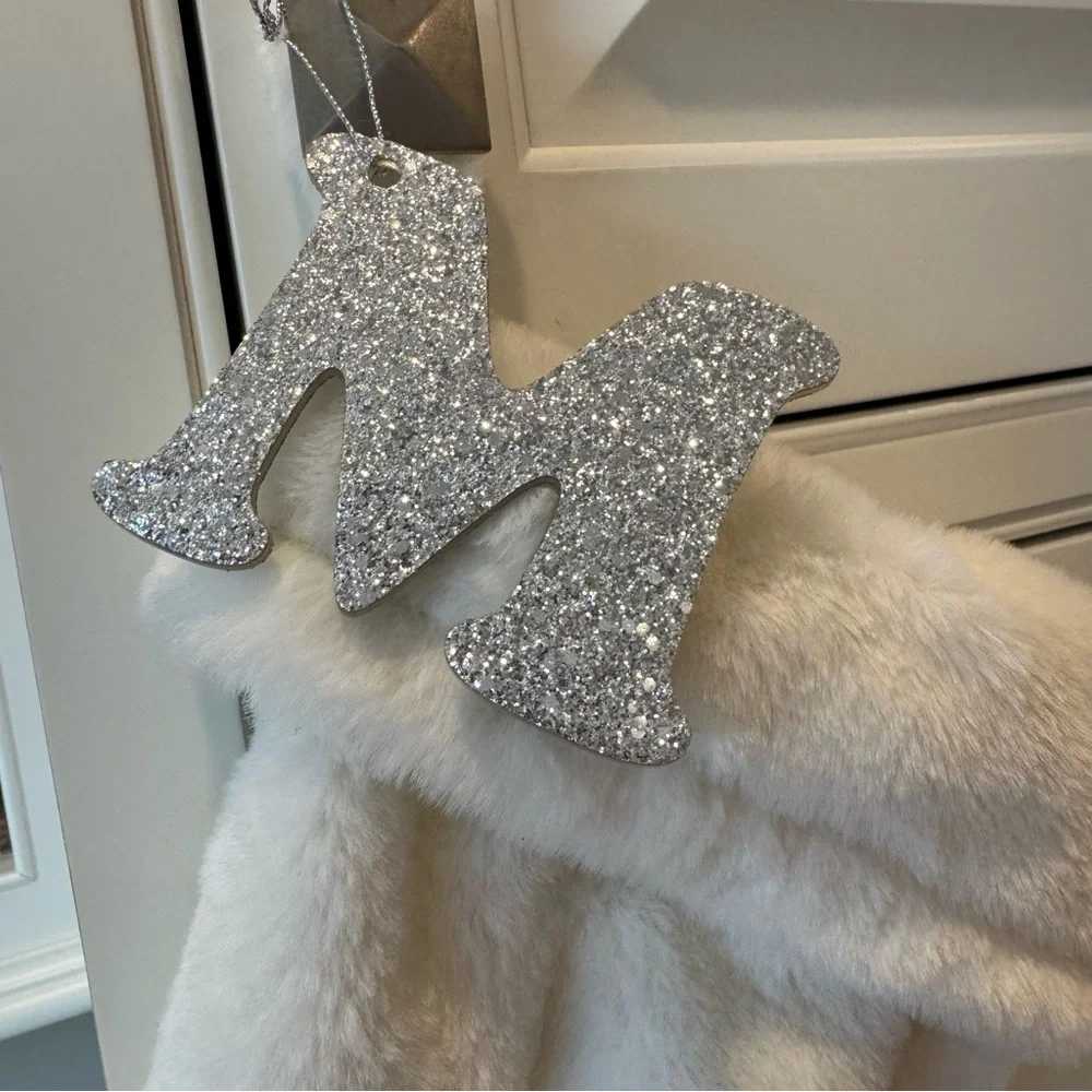 NWOT White Faux Fur Christmas Stocking with M charm Ornament Silver Holiday